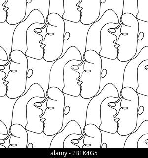 Vector seamless pattern illustration with abstract kissing faces in line art style on white Stock Vector