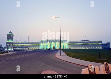 Emir's palace at twilight, Corniche district, Doha (Qatar) Stock Photo