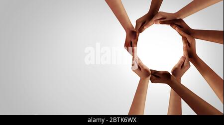 Business Unity and diversity partnership as hands in a group of diverse people connected together shaped as a support circle symbol of group team. Stock Photo