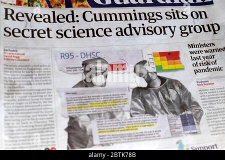 Newspaper headline 'Revealed: Cummings sits on secret science advisory group' Sage  in Guaridan 24 April 2020 London UK Stock Photo