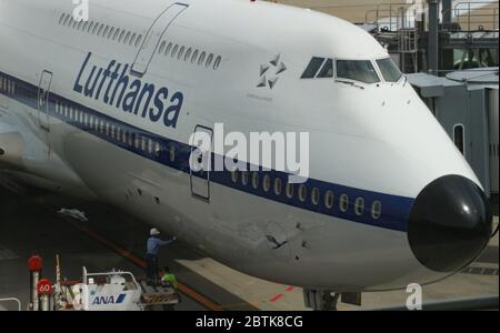 Front of a Lufthansa Boeing 747-8 in retro livery at Haneda Airport. Tokyo Stock Photo