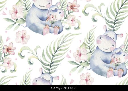 Hand drawn cute isolated tropical summer watercolor hippo animals. hippopotamus baby and mother cartoon animal illustrations, jungle tree, brazil Stock Photo