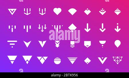 Swipe top down or download icon scroll pictogram set for blogger web ui ux design. Vector white arrow bottom for application and social network website. Simple white button on gradient illustration Stock Vector