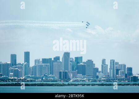 Miami Florida,Blue Angels formation,demonstration squadron F/A-18 Hornets,Navy military jets,flyover,COVID-19 pandemic crisis illness,honor healthcare Stock Photo