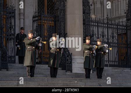 Budapest, Hungary-Feb 8, 2020: Change of guards in uniform with swords in front of Hungarian Parliament in Budapest Stock Photo