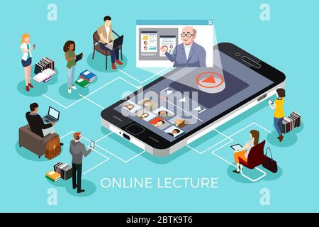 An isometric vector illustration of College Students Learning Online Education Stock Vector