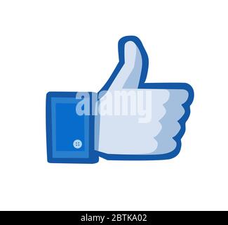 Facebook thumbs up sign. Facebook is a well-known social networking service. Kharkiv, Ukraine - May 26, 2020 Stock Photo