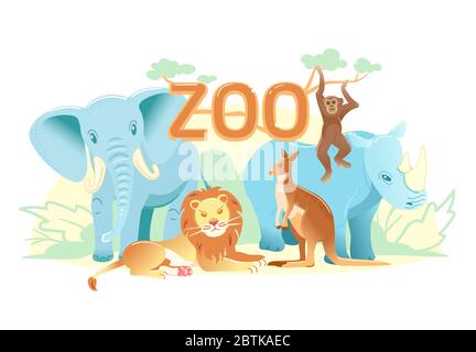 Zoo flat web banner. Group of cartoon animals on white horizontal cover or social media header. Elephant monkey rhino lion kangaroo simple nature poster. Exotic animal vector card. Children postcard Stock Vector