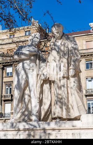 Budapest, Hungary - Feb 8, 2020: Statue of Hungary Esterhazy and Klauzal in Kossuth monument besids Parliament building Stock Photo