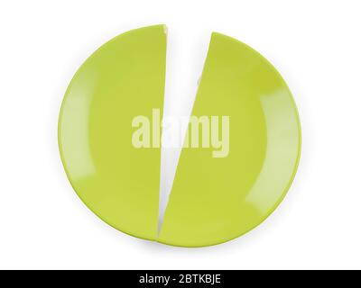 Green plate shattered by two pieces. Isolated on white, clipping path included Stock Photo