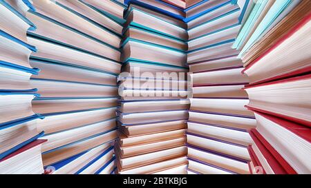 Large books pile close up Wide angle view Stock Photo
