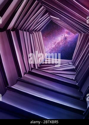 A well made of books with a starry sky above it. View from inside Stock Photo