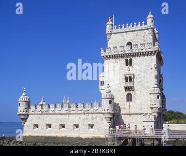 16th century Belém Tower (Torre de Belem) on bank of Tagus River, Belém District, Lisbon, Portugal Stock Photo