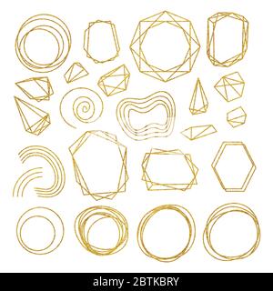 Gold Geometric Crystal Frames with Detailed Foil Texture. Golden Thin Line Art or Outline Linear Polygonal Textured Frames Set. Art Deco and Modern Style. Sparkle Glitter Dust Stock Photo