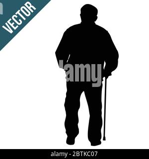 Old man silhouette with stick on white background, vector illustration Stock Vector
