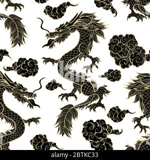 Oriental dragon flying in clouds seamless pattern. Traditional Chinese mythological animal hand drawn illustration. Golden Black festival serpent on white background. Wrapping paper, textile design Stock Vector