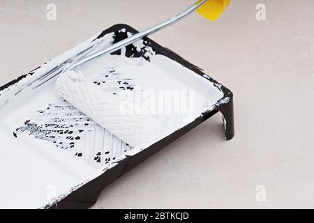 Closeup roller in tray with white pint Stock Photo
