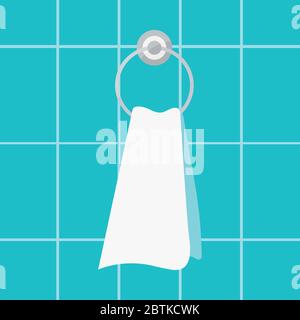 Towel with ring shaped holder on bathroom tile wall background. Stock Vector