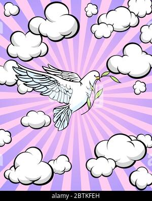 White dove against the sky. Olive branch. Bible story. Vector illustration. Stock Vector