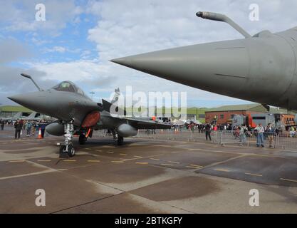 Two Dassault Rafale Ms operated by 12 Flotille of the French Navy (11 & 38), on static display at Leuchars in 2013. Stock Photo