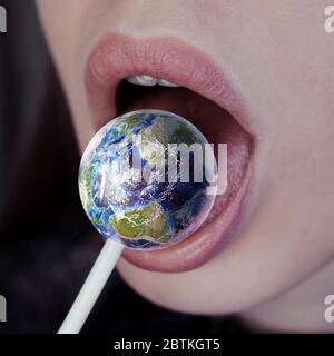 Female mouth with lollipop looks candy like a planet Earth. Digital art ...