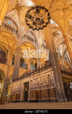 BARCELONA, SPAIN - MARCH 4, 2020: The  nave of The Cathedral of the Holy Cross and Saint Eulalia.