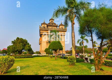 Victory Gate known as Patuxai Monument city of Vientiane Laos Stock Photo