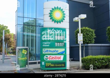 BP petrol station board showing cheaper petrol prices when oil prices bottomed out during April and May 2020. Stock Photo