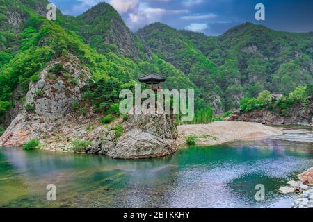 A traditional Korean pavilion set against the gorgeous mountain scenery of Wolyubong in Yeongdong County, Chungcheongbuk-do ,South Korea. Stock Photo