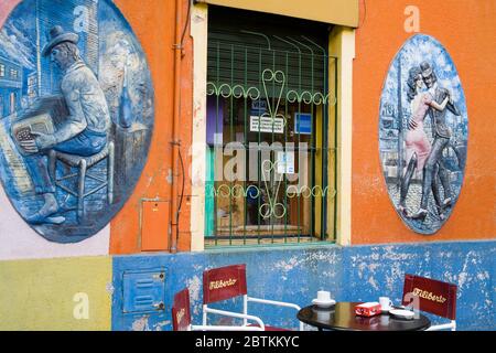 Wall relief on Filiberto's Cafe & Bar, El Caminito street in La Boca District of Buenos Aires, Argentina, South America Stock Photo