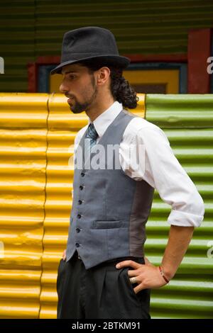 Tango dancer on El Caminito street in La Boca District of Buenos Aires, Argentina, South America Stock Photo