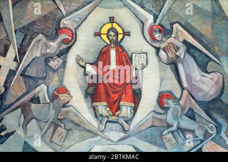 BARCELONA, SPAIN - MARCH 5, 2020: The modern fresco of Jesus among the four evangelist symbols in the church Santuario Maria Auxiliadora. Stock Photo