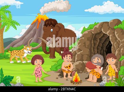 Cavemen family in stone cave. Vector black and white coloring page