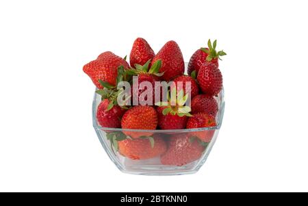 fresh strawberry berries in a glass container, isolated on a white background. richest source of nutrients and vitamins Stock Photo