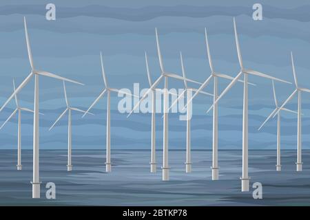 White wind turbine generating electricity in the sea Stock Vector