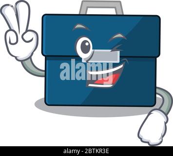 Happy business suitcase cartoon design concept show two fingers Stock Vector