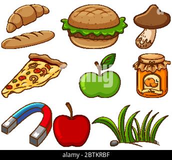 Large set of different food and other items on white background illustration Stock Vector
