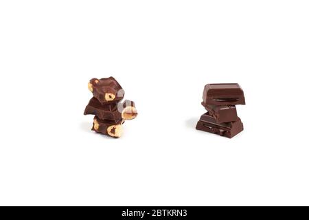 Collection of various dark chocolate pieces isolated on white background, Stock Photo