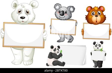 Blank sign template with many animals on white background illustration Stock Vector