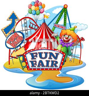 Scene with happy clown at the fair on white background illustration ...