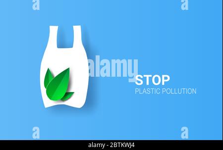 illustration of No plastic bags signal protest against garbage. Pollution problem environment concept. Creative Paper art and craft style images for b Stock Vector