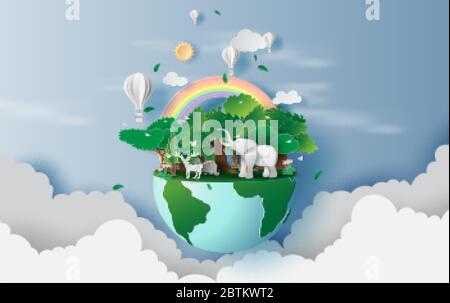 illustration of reindeer in green forest,Creative world environment and earth day concept.landscape Wildlife with elephant in green nature plant by ar Stock Vector