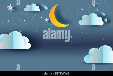 Scene Sky fantasy.Cloud and shooting star on Sky night sweet dream your text space blue dark background.Panorama moon half with midnight. Mystical.Cre Stock Vector