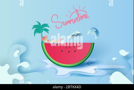 Summer season concept Slice of watermelon on blue water splash.Hello Summer.Women are sunbathing. Dolphins are jumping from the water surface.Creative Stock Vector