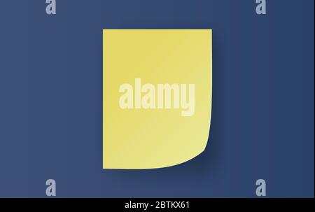 Empty yellow Sticky Notes paper sheet  with curled corner. Realistic note template of small of soft shadows isolated on blue dark background. Ready fo Stock Vector
