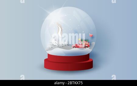 Glass ball snow stand with red Classic pickup truck car view landscape home.Happy new year and Merry Christmas day.Creative design paper art and craft Stock Vector