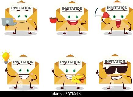 Invitation message cartoon character with various types of business emoticons Stock Vector