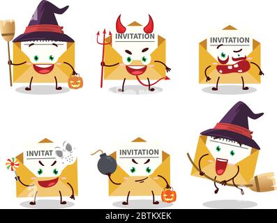 Halloween expression emoticons with cartoon character of invitation message Stock Vector