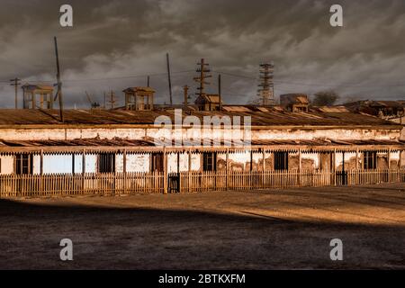 Ruins of the former Santiago Humberstone salt office is located in the commune of Pozo Almonte, Tarapacá Region, Chile. Stock Photo