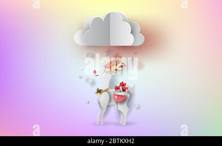 Merry Christmas and Happy new year in holiday.Graphic paper art and craft style.Reindeer cute with Cloud in snowfall on Sweet pastel colorful gradient Stock Vector